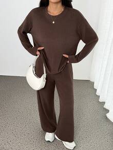SHEIN PETITE 两件套女士纯色圆领落肩长袖休闲针织纹理套装，棕色，女士冬季毛衣，秋季女装，秋季女装，秋装，冬季套装，休闲女装，棕色套装，女士两件套家居服，舒适两件套，长袖套装，两件套女士舒适棕色优雅套装 - 棕色 - 查看 7