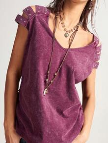 Bohemela Summer BOHO Vacation Casual Y2K Solid Color V-Neck Short Sleeve Washed Women T-Shirt - Red - View 7