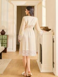 Moireta Reife & elegante Satin, Mesh & Spitze Patchwork Langarm Damen Nachthemd - Champagnerfarben - Übersicht 2