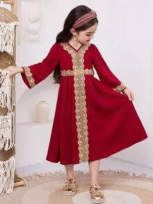 SHEIN 女童V领纯色梭织休闲连衣裙 - 酒紅色 - 查看 6