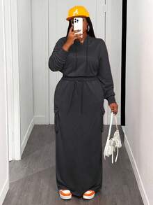 Slaydiva Bộ đồ 2 mảnh màu cam tay dài và chân váy túi hộp size lớn, hàng mới về mùa Thu/Đông, thích hợp cho các lễ hội âm nhạc, lễ Phục Sinh, tiệc sinh nhật, đi nghỉ mát, du lịch biển, tắm nắng. - Màu xám đen - Xem 5