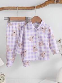 2件套新生女宝宝可爱蝴蝶结图案长袖上衣和裤子休闲舒适睡衣套装 - 紫色 - 查看 3
