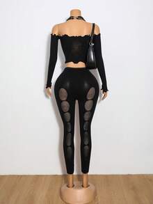 Jeanoix 1 Set Sexy Black Punk Style Shoulder Top And Pants Women Two Pieces Outfits - Black - View 2