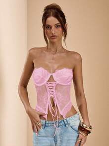 SHEIN BAE 女士系带露肩性感抹胸上衣 - 淺粉色 - 查看 3