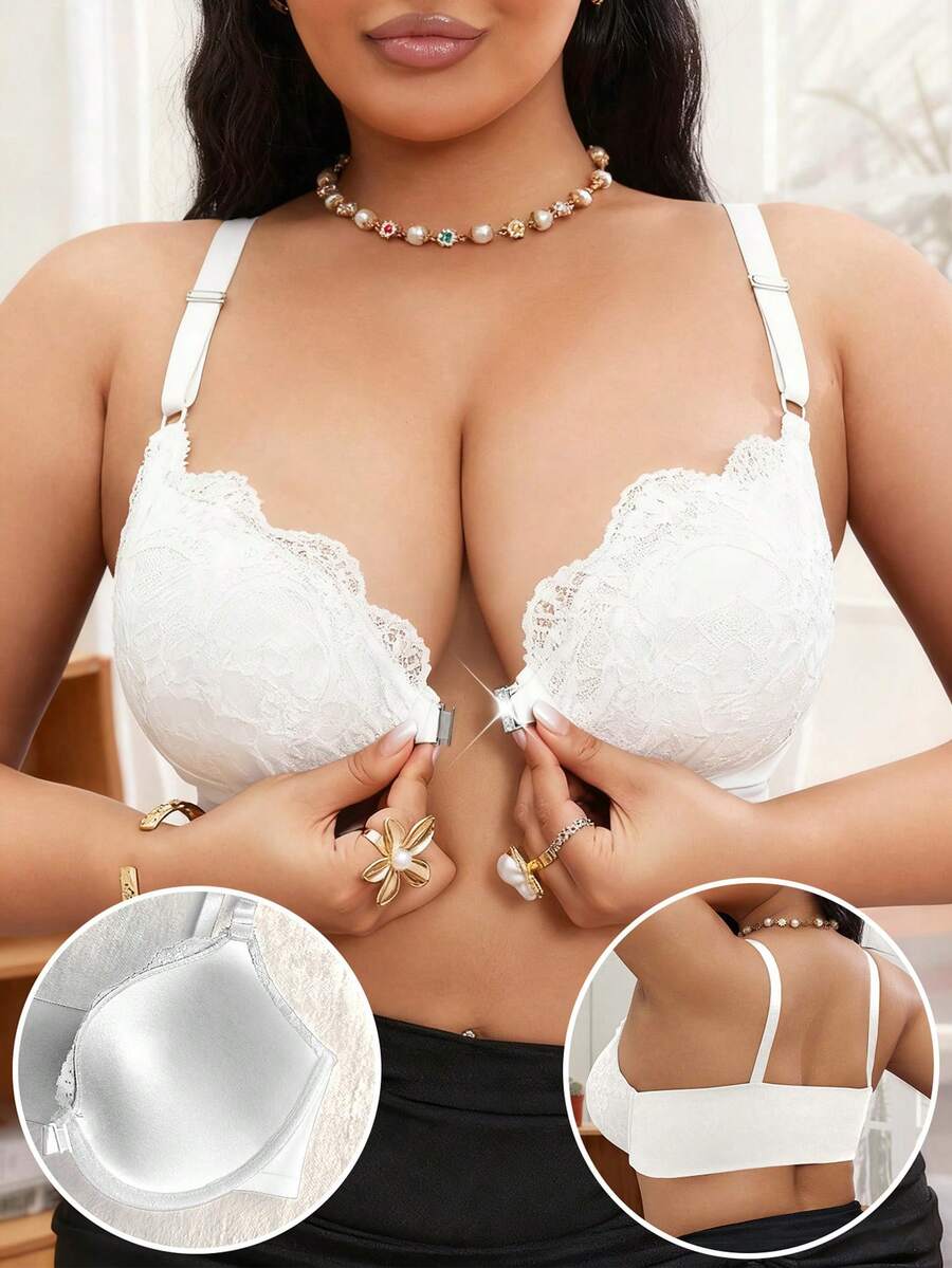 SHEIN 1pc Plus Size Front Closure Lace Underwire Bra - White - View 1