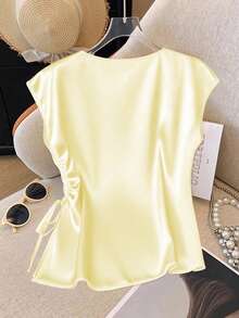 GlowEve CURVE Woven Satin Drawstring Fitted Crew Neck Shirt - Yellow - View 2