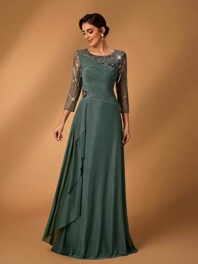 Serin Elegantes, luxuriöses Kleid mit bestickter, perlenbesetzter Mesh-Transparenz-Ärmelpartie, Elastik-Strick-Applikation, geeignet für Hochzeit, Party, Feiertage, Braut, Brautmutter Abendkleid