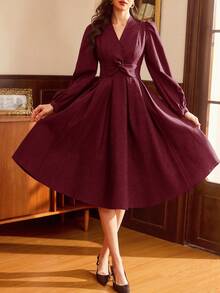 Vintamour 复古优雅女士连衣裙，带口袋和扭结细节，长袖，休闲通勤，适合度假、冬季穿着，也可作为女士冬季连衣裙、圣诞服装、圣诞套装、新年服装、感恩节套装、优雅连衣裙等。 - 酒紅色 - 查看 6