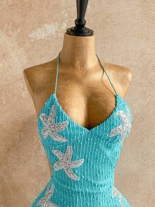 Soleia Đầm ôm sát thời trang hở lưng họa tiết sao biển đính sequin dành cho nữ - Màu xanh ngọc - Xem 8