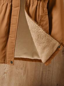 Teen Girls Mid-Length Zipper Loose Waist Hooded Fluffy Casual Winter Jacket, Suitable For Daily Commute And School