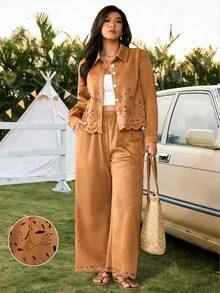 SHEIN LUNE Plus Size Brown Suede Fleece Floral Embroidered Shirt Jacket & Straight Leg Pants 2 Piece Set,Winter Boho Vacation Holiday Western Cowboy Outfit - Brown - View 5