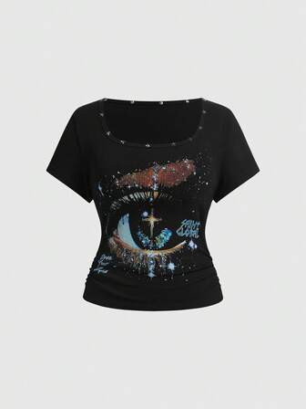 ROMWE Avant T-shirt casual unisex da donna in stile retrò "baddie", con stampa di stelle e borchie, vita stretta