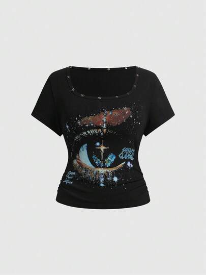 ROMWE Avant Camiseta casual de estilo callejero unisex con estampado de estrellas y remaches, cintura ceñida, estilo retro "baddie" para mujer