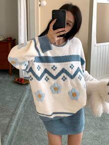 DAZY 2pcs Women Floral Pattern Knitted Loose Long Sleeve Short Dress Pajama Set, Winter - White - View 5