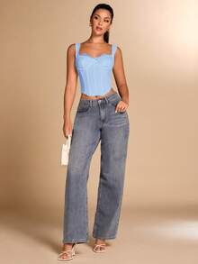 SHEIN BAE Women's Lace Patchwork Bra Camisole With Curved Hemline - Baby Blue - View 5