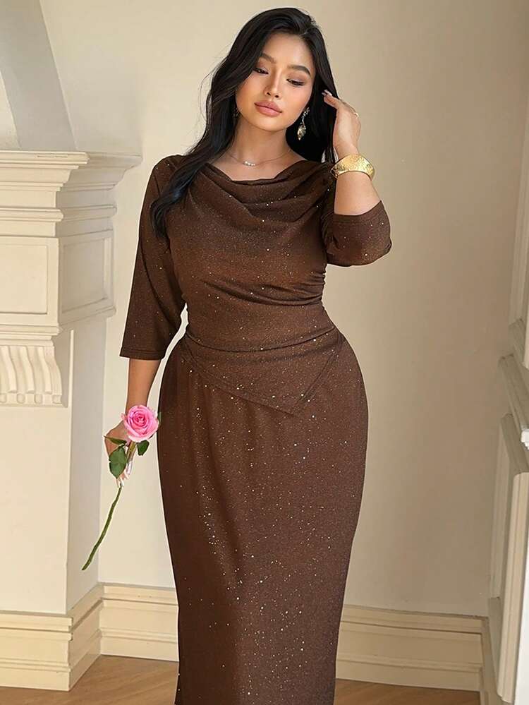 Dazy Plus Valentine Elegant 2 Pieces Set: Long Sleeve Mesh & Sequin Patchwork Top With Asymmetric Hem And Wrap Skirt, Suitable For Formal Events