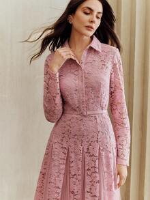 Anewsta New Elegant Chic Mesh & Contrast Lace Design Collar Long Sleeve Flared Dress, Suitable For Party, Wedding, Spring, Summer, Elegant, Valentine's Day, Carnival - Pink - View 5