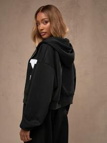 MISSGUIDED Oversized Cropped Zip Through Graphic Hoodie With NY Letter Print And Hood - Black - View 3