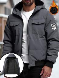 Manfinity Homme Herrjacka med huva, vadderad kappa med flera fickor, lös passform, mångsidig för business, streetwear, svart, höst/vinter