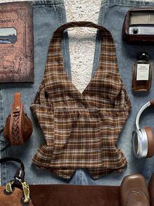 Easelle Áo vest nữ hở lưng họa tiết kẻ caro nhẹ nhàng, phù hợp mặc đi làm, đi chơi và thường ngày - màu nâu - Xem 8