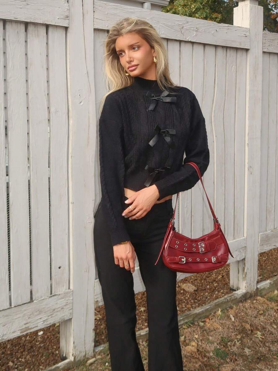 Sydney Algeri pull en tricot texturé à manches longues avec nœud papillon, confortable, pour femmes, hiver - Noir - Voir 1