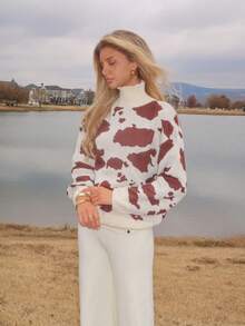 Sydney Algeri Nouveau pull marron automnal pour femmes Vêtements Old Money Automne Pull décontracté pour femmes à col montant avec texture de lait, Pull vache imprimé automne/hiver marron pour femmes, Pull d'hiver pour femmes, Pull automnal, Top imprimé léopard