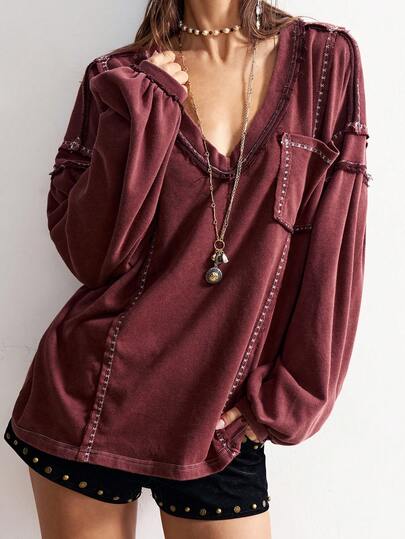 Bohemela Boho Casual Solid Color V-Neck Long Sleeve Loose Knit T-Shirt For Women, Autumn/Winter