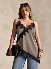 Plus Size Women Urban Casual Lace Asymmetric Hem V-Neck Patchwork Solid Color Cropped Camisole - Khaki - View 1
