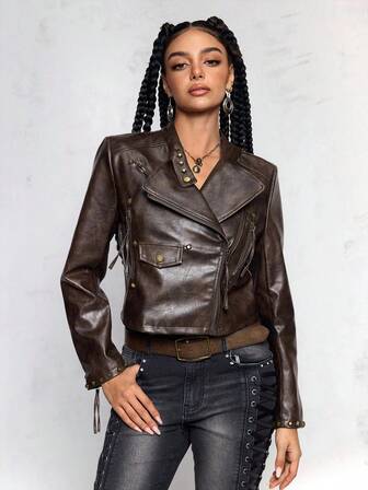 Veste courte en tissu PU décoré de clous, style rétro vintage hippie rock pour festival de musique, pour femmes