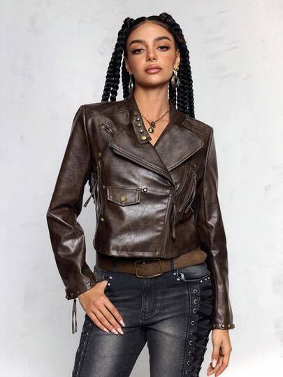 Chaqueta corta de mujer de tela de PU con decoración de tachuelas, estilo retro, vintage, hippie y rockero para festivales de música