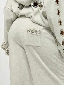 SUMWON 大码高腰宽松版型金属孔眼装饰运动裤休闲舒适家居裤冬季时尚街头服饰 - 白色 - 查看 7