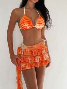 Swim Glamine 女士扎染荷叶边露背性感比基尼三件套，沙滩度假 - 彩色 - 查看 5