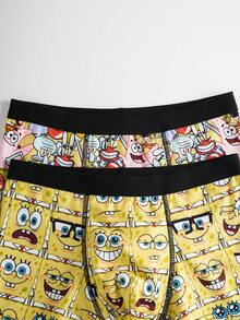 SpongeBob SquarePants | SHEIN Tween Boy 2pcs Soft Breathable Cute Cartoon Pattern Trunks - Yellow - View 3
