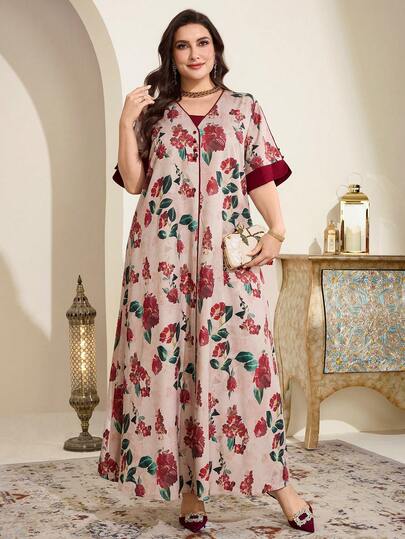 Al Najma Đầm tay ngắn họa tiết hoa phong cách Ả Rập thường ngày cho tiệc tùng cỡ lớn dành cho nữ