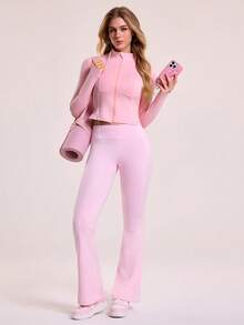 Sovereign Charm Front Zip Fitted Cropped Sports Jacket - Pink - View 6