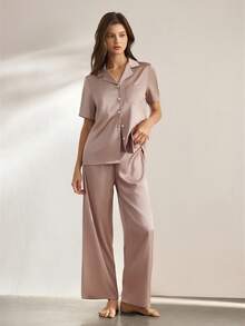 Ocili Bộ đồ ngủ vải satin mềm mại, co giãn, có ve áo dành cho nữ - Màu Khaki - Xem 4