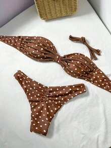 Swim Vcay 2件套纯色绳饰抹胸比基尼上衣和高衩泳裤性感泳装套装，春夏款 - 彩色 - 查看 1