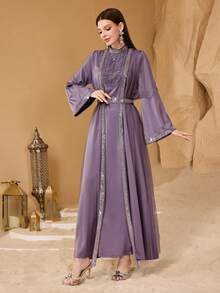 SHEIN Najma 优雅3D立体花卉装饰拼接女士系带修身连衣裙 - 紫色 - 查看 3