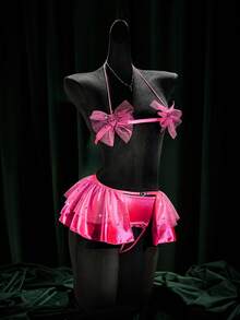 SpicyHot 3pcs Sexy Mesh Sheer Sequin Lace-Up Women's Lingerie Set Lingerie Set Bow Front Exotic Dance Wear Hot Pink Lingerie Set Fantasy Lingerie Costume Exotic Dancer Outfits, Lingerie For Women,Sexy,Valentine's Day,Sexy Lingerie, - Hot Pink - View 6