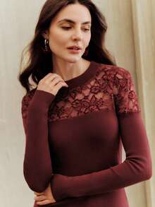 Anewsta Elegant Slim-Fit Women's Sweater With High Neck, Lace Patchwork And Hollow Design, Red, Valentine's Day Outfits For Women - Red - View 5