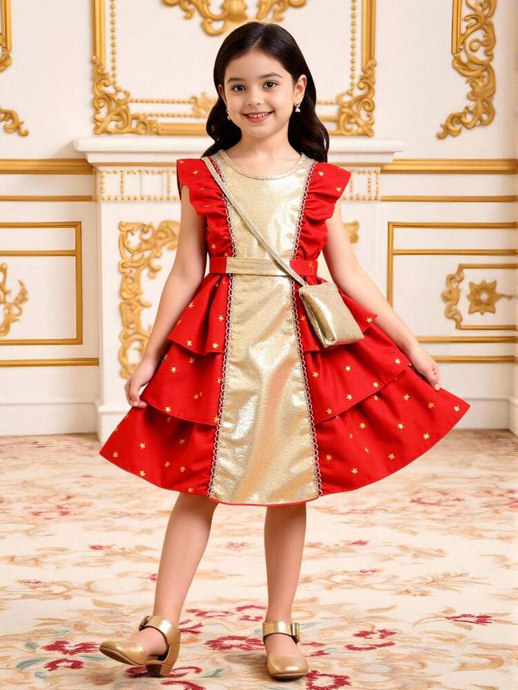 رمضان فستان بأكمام قصيرة مطبوع بنجوم ذو ألوان متباينة للفتيات الصغيرات - الأحمر - مشاهدة 4