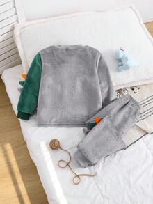 Young Boys Dinosaur Fleece Loungewear Set - Gray Green Dinosaur Fleece Loungewear 2-Piece Combo 3D Dinosaur Pattern Design Gray Green Orange 3D Dinosaur Color Round Neck Long Sleeve Dinosaur Top Fleece Pants Fleece Set 2-Piece Combo Social Media Style Cute 2026 New Year Holiday Essential Autumn Winter Little Boys Dinosaur Fleece Loungewear Set - Grey - View 2