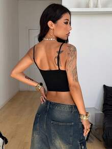 Coolane 女士夏季/四季皆宜锐舞节嬉皮街头休闲Y2K辣妹蕾丝高领黑色优雅吊带背心 - 黑色 - 查看 6