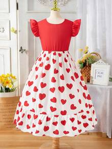 心形图案蝴蝶结后背短袖女童连衣裙 - 彩色 - 查看 8