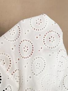 Florisole Camisa suelta y casual de algodón con diseño calado y de unicolor, de manga 3/4 y con abertura frontal, adecuada para primavera y verano - Blanco - Ver 8