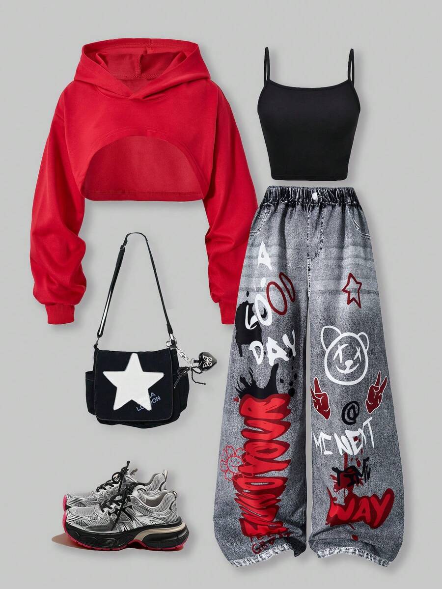 SHEIN ChillGRL 3件套街头酷炫休闲少女宽松牛仔印花裤、露脐吊带背心和长袖连帽衫套装，时尚