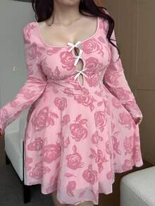 Vibekara Sheer Floral Flocked Long Sleeve Mesh See-Through Mini Dress, Sexy