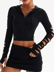 Slayform 1件装女士无缝性感豹纹连帽拇指孔长袖外套卫衣，适合跑步、健身、瑜伽、锻炼 - 黑色 - 查看 4