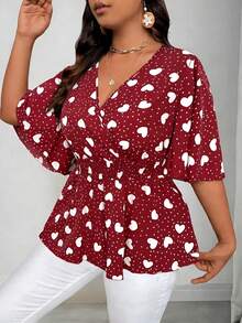 Elenzga Áo cánh tay loe họa tiết trái tim cỡ lớn cho nữ, cổ chữ V, tay cánh bướm, thắt eo, viền rộng, tôn dáng - Đỏ - Xem 4