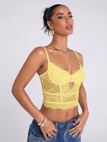 SHEIN BAE Regata Corselet de Renda Versátil e Sexy para Mulheres, Versátil para Sair, Noite de Encontro, Festa com Tema, Concertos, Réveillon, Festa de Natal - Amarelo - Visão 6